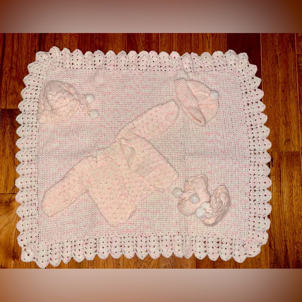 Crochet Baby Layette & Blanket Set Beanie Hat, Bonnet, Booties, Sweater homemade
